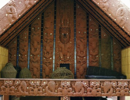 Front view showing interior of the storehouse, pataka, Te Puawai O Te Arawa, one of the last great storehouses