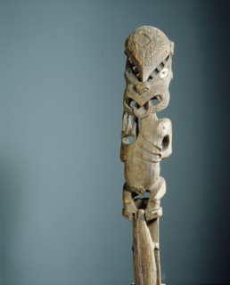 An ancestor of the Tuwharetoa people depicted on the gable finial, tekoteko, of a chiefs storehouse