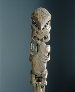 An ancestor of the Tuwharetoa people depicted on the gable finial, tekoteko, of a chiefs storehouse