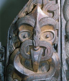 Five carved wooden end panels from a storehouse