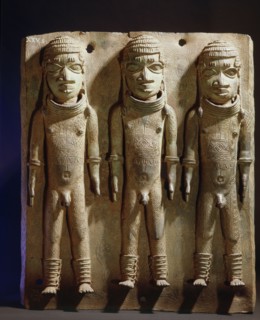 A brass plaque from the palace of the Oba of Benin, depicting three of the naked royal pages known as Omada