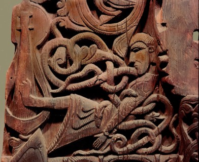 Detail of a carving from a stave church portal illustrating the story of Sigurd