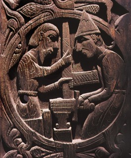 Stave church carving with a scene from the story of Sigurd