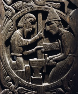 Stave church carving with a scene from the story of Sigurd