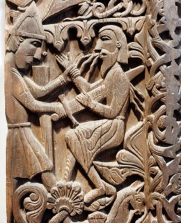 Detail of a carving from a stave church portal illustrating the story of Sigurd