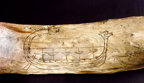 A Norse ship incised on a piece of wood