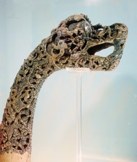 Carved dragon head post from the ship burial at Oseberg