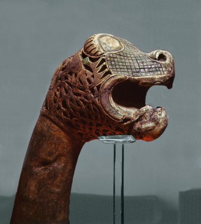 Carved dragon head post from the ship burial at Oseberg