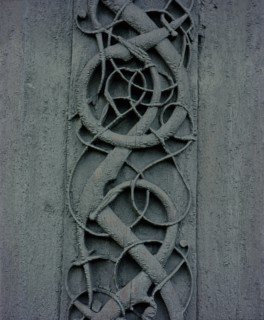 Detail of the carving on the side of the stave church at Urnes
