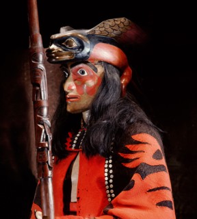 Model of a Tsimshian clan chief wearing crest regalia