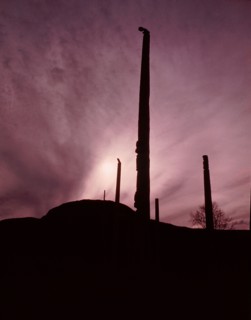 Totem poles at a Tsimshian village