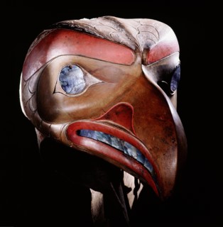 Eagle crest headdress with eye inlaid with abalone shell