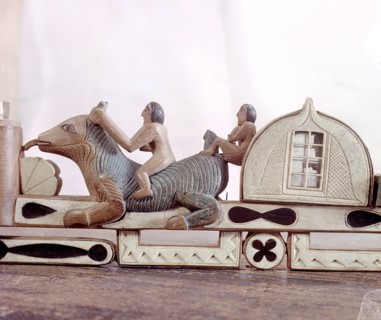 Wooden pipe inlaid with carved bone depicting a ship