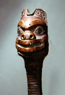The carved handles of a fighting knife