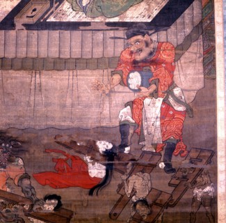 Painting depicting a Lord dispensing justice (detail)
