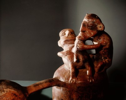 Double chambered ceramic vessel depicting an act of homosexual fellatio
