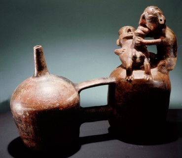 Double chambered ceramic vessel depicting an act of homosexual fellatio