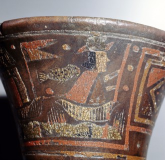 Detail of the upper register decoration on a ritual drinking vessel known as a kero, and which is designed in the hybrid Inca Spanish style