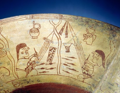 Detail of a painted design from a Mochica vessel showing two weavers using backstrap looms, an ancient technique still in use today throughout the Andean region