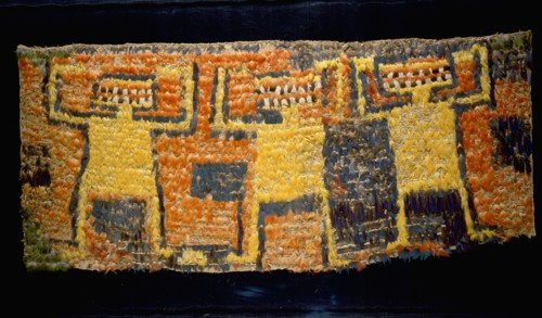 Featherwork banner, flag of part of a tabbard depicting stylised deities
