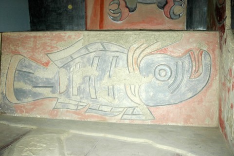 Polychrome mural depicting a fish creature, one of several animal murals which were used as decoration at the main temple of Cerro Sechin