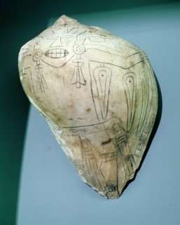 Conch shell incised with a flying shaman wearing sun circle ear plugs and feathers that double as winged eyes