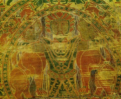 Detail of the so called Gilgamesh motif on a silk weaving found in the tomb of Bishop Bernard Calvo of Vich