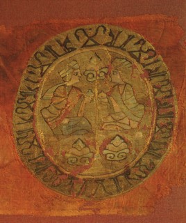 A detail of a silk hanging from the tomb of Bishop Gurb in the Cathedral of Barcelona