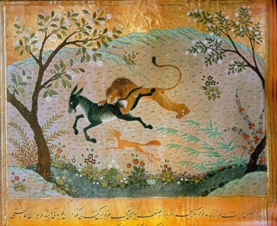 A page from the fables Kalila and Dimna in which the jackal tries to persuade the lion to stop devouring the beast and to devote himself to pious acts
