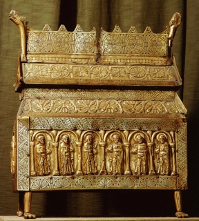 Reliquary shrine with incised decoration and repousse panels depicting saints from Eriksbergs Church, Vastergotland