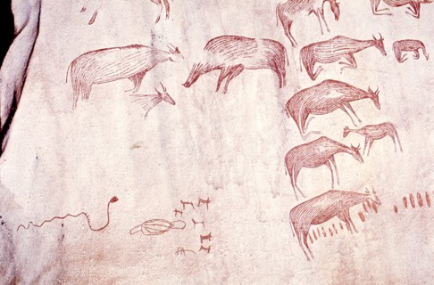 Rock painting from Tanzania, produced since the Later Stone Age, probably by the ancestors of Sandawe hunter gatherers still living in the region
