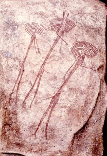 Later Stone Age rock painting interpreted by recent scholars as recording a shamanistic trance dance known as simbo