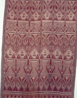 Warp ikat pua cloth worn by Iban people in ritual ceremonies called gawai connected with agriculture, warfare and the commemoration of the dead