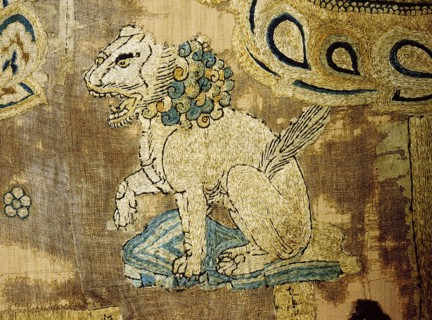 Detail of an embroidered silk banner of the Buddha Sakyamuni preaching on Vulture Peak