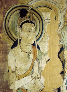 Detail of an embroidered silk banner of the Buddha Sakyamuni preaching on Vulture Peak