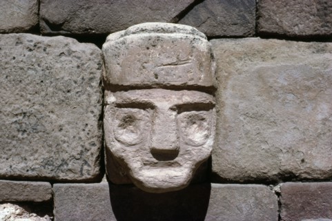 A tenoned head sculpture embedded in the interior wall of the Semi subterranean Temple