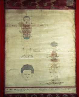 A medical thangka from a version of the commentary on the ancient Four Tantras, the fundamental treatise of Tibetan medicine