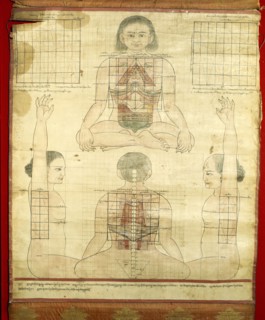 A medical thangka from a version of the commentary on the ancient Four Tantras, the fundamental treatise of Tibetan medicine
