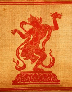 Sino Tibetan silk and gold brocade altar cloth depicting eight auspicious emblems interspersed by puja devis (offering goddesses) who offer gifts to the five Dhyani Buddhas, or Buddhas of meditation