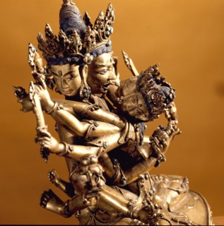 A yab yum icon of Yi dam in Sang dui form with his prajna, the Tibetan Sakti