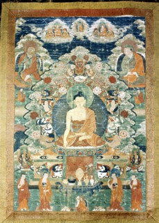 Thang Ka (sacred temple banner), used as an aid for meditation, with depiction of Buddha in the middle