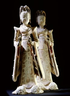 Pottery models of two Tang princesses, embellished with painted and gilded detail