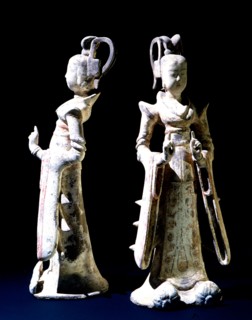 Pottery models of two Tang princesses, embellished with painted and gilded detail