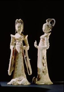 Pottery models of two Tang princesses, embellished with painted and gilded detail