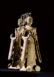 Pottery models of two Tang princesses, embellished with painted and gilded detail