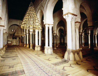 The interior of the Great Mosque at Kairouan, one of the oldest Islamic buildings and the first important one in North Africa