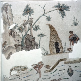 Part of a mosaic pavement depicting fishing in a large lake full of many kinds of fish: on the banks an African hut, together with fragments of classical architecture