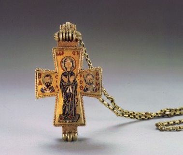An enamelled pendant cross and chain from the Great Palace in Constantinople