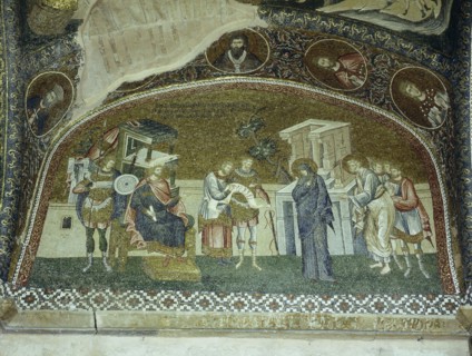 A mosaic panel in the church of St Saviour in Chora, (Kariye Djami) Istanbul depicting a scene in which the Virgin and St Joseph enrol for taxation