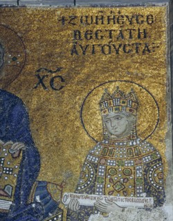 A detail of a mosaic in the Hagia Sophia in Istanbul showing Empress Zoe in imperial regalia